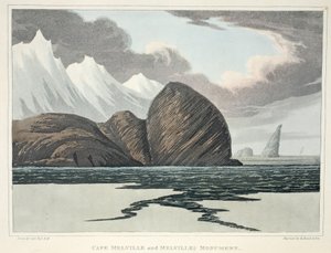 ケープメルヴィルとメルヴィルズモニュメント、「発見の航海...」のイラスト、1819年（手描きの彫刻）
